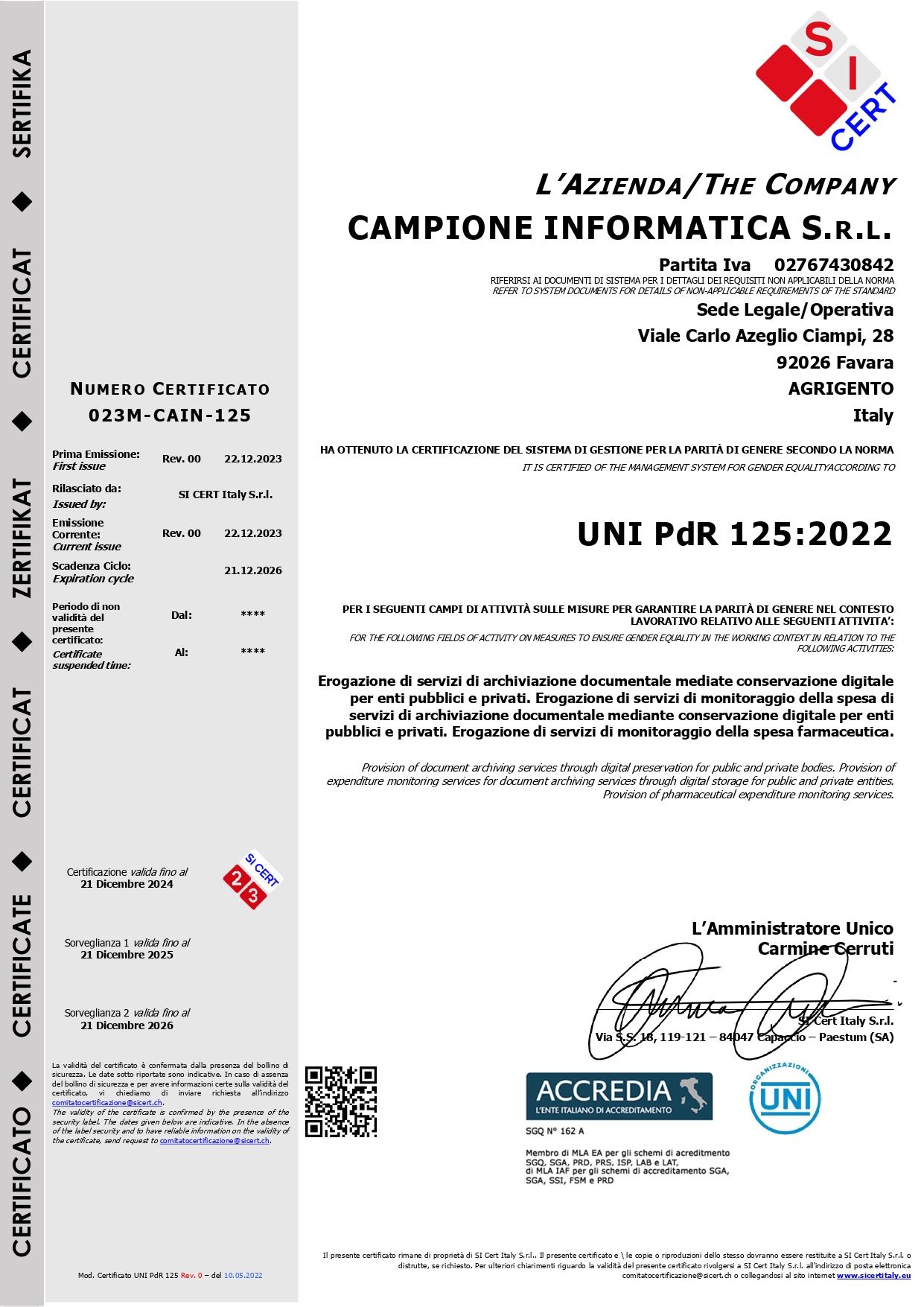 Certificazione CAIN UNI PdR 125:2022